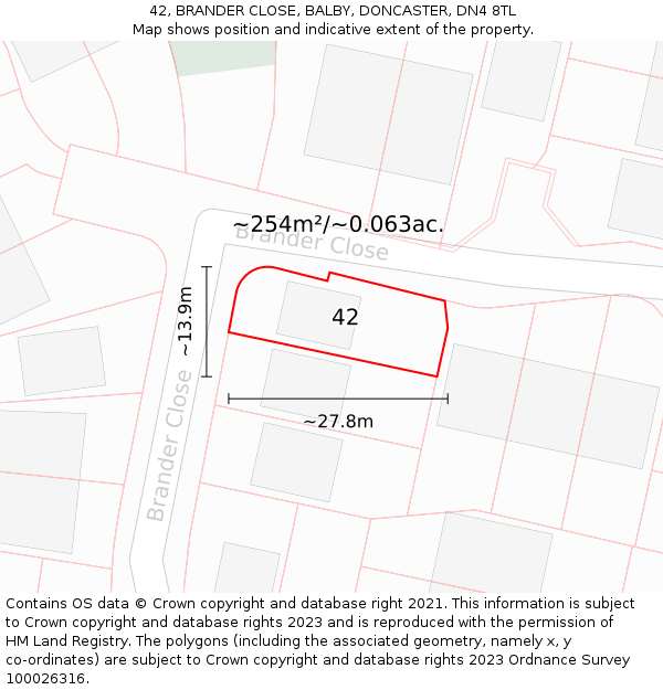 42, BRANDER CLOSE, BALBY, DONCASTER, DN4 8TL: Plot and title map