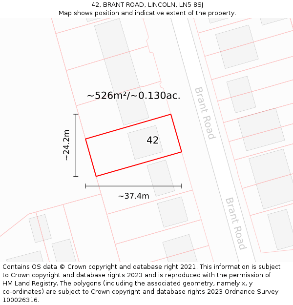 42, BRANT ROAD, LINCOLN, LN5 8SJ: Plot and title map