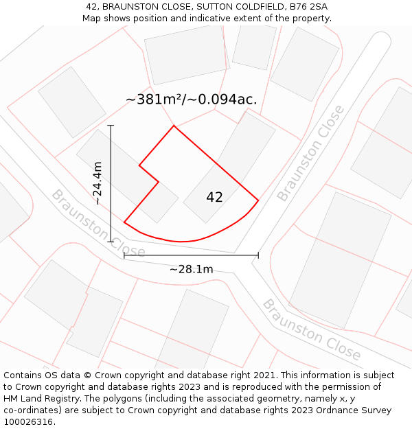 42, BRAUNSTON CLOSE, SUTTON COLDFIELD, B76 2SA: Plot and title map