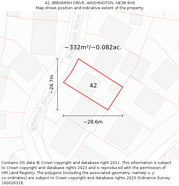 42, BREAMISH DRIVE, WASHINGTON, NE38 9HS: Plot and title map
