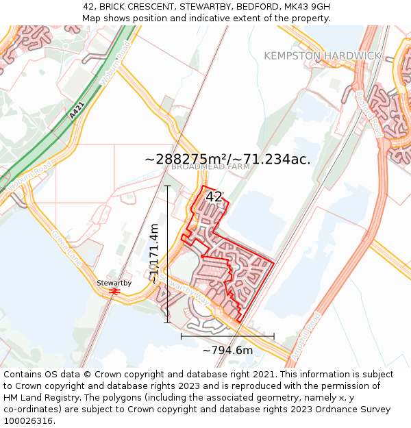 42, BRICK CRESCENT, STEWARTBY, BEDFORD, MK43 9GH: Plot and title map