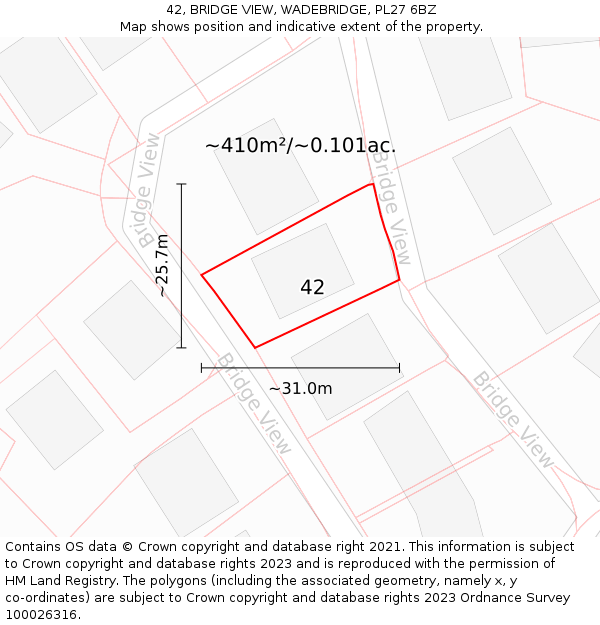 42, BRIDGE VIEW, WADEBRIDGE, PL27 6BZ: Plot and title map
