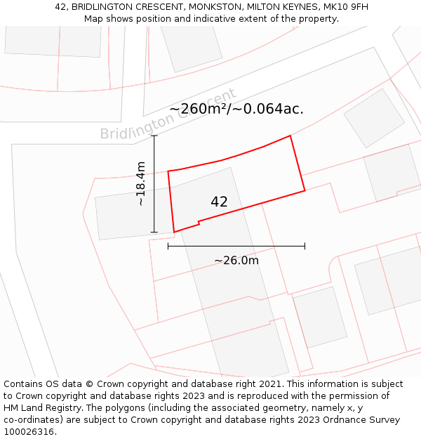 42, BRIDLINGTON CRESCENT, MONKSTON, MILTON KEYNES, MK10 9FH: Plot and title map