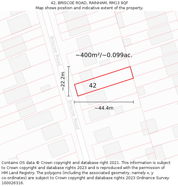 42, BRISCOE ROAD, RAINHAM, RM13 9QF: Plot and title map
