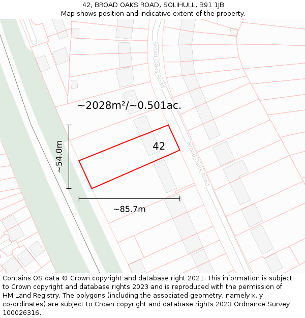 42, BROAD OAKS ROAD, SOLIHULL, B91 1JB: Plot and title map