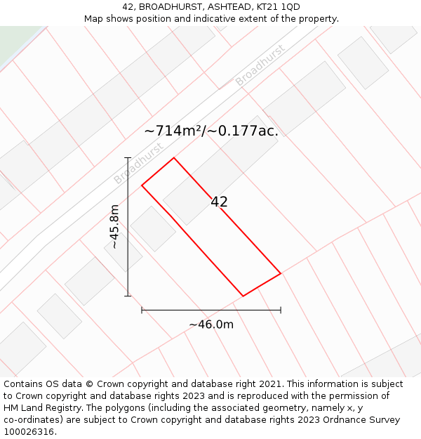 42, BROADHURST, ASHTEAD, KT21 1QD: Plot and title map