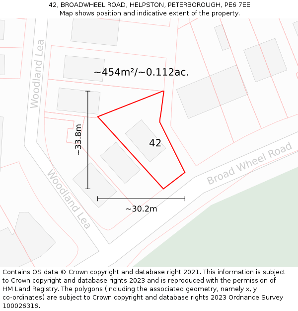 42, BROADWHEEL ROAD, HELPSTON, PETERBOROUGH, PE6 7EE: Plot and title map