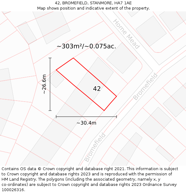 42, BROMEFIELD, STANMORE, HA7 1AE: Plot and title map