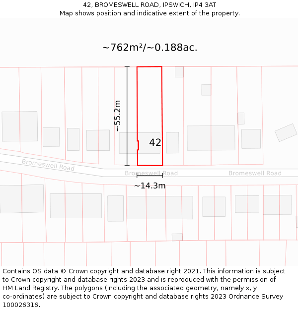 42, BROMESWELL ROAD, IPSWICH, IP4 3AT: Plot and title map