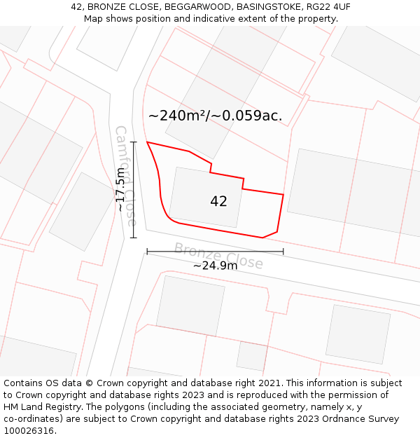 42, BRONZE CLOSE, BEGGARWOOD, BASINGSTOKE, RG22 4UF: Plot and title map