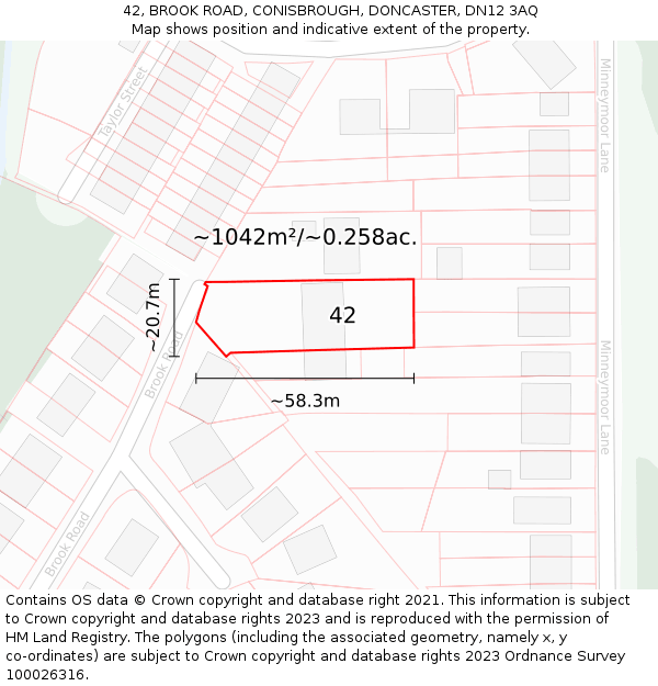 42, BROOK ROAD, CONISBROUGH, DONCASTER, DN12 3AQ: Plot and title map
