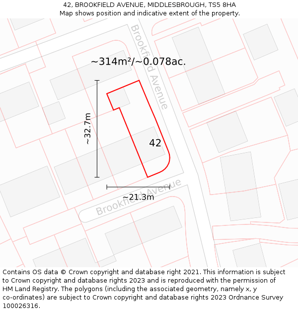 42, BROOKFIELD AVENUE, MIDDLESBROUGH, TS5 8HA: Plot and title map