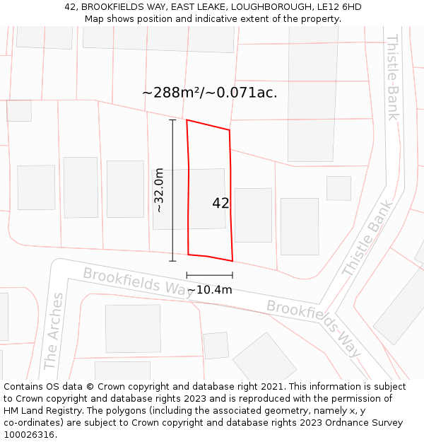 42, BROOKFIELDS WAY, EAST LEAKE, LOUGHBOROUGH, LE12 6HD: Plot and title map