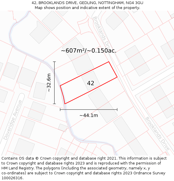 42, BROOKLANDS DRIVE, GEDLING, NOTTINGHAM, NG4 3GU: Plot and title map