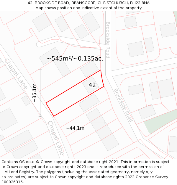 42, BROOKSIDE ROAD, BRANSGORE, CHRISTCHURCH, BH23 8NA: Plot and title map