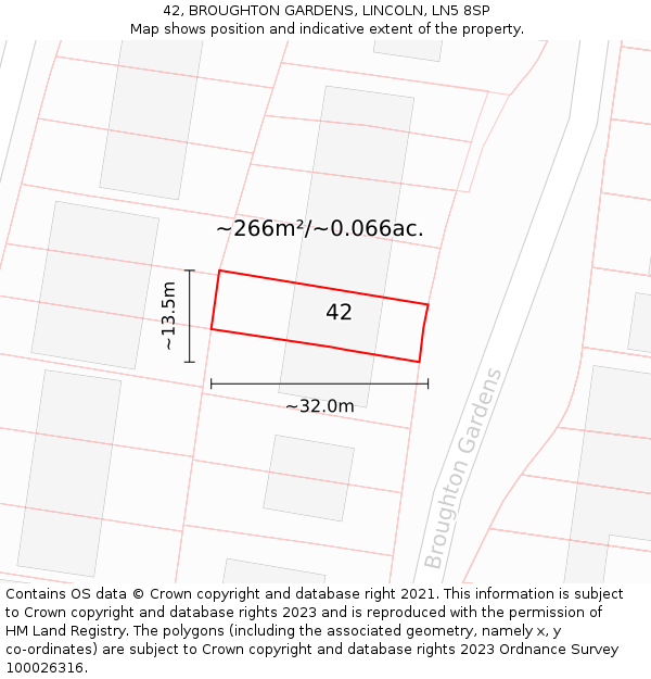 42, BROUGHTON GARDENS, LINCOLN, LN5 8SP: Plot and title map