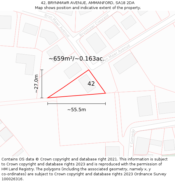 42, BRYNMAWR AVENUE, AMMANFORD, SA18 2DA: Plot and title map