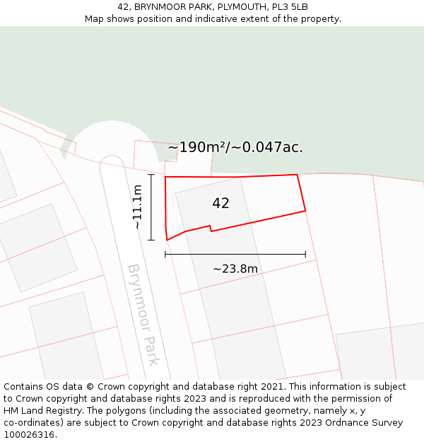 42, BRYNMOOR PARK, PLYMOUTH, PL3 5LB: Plot and title map