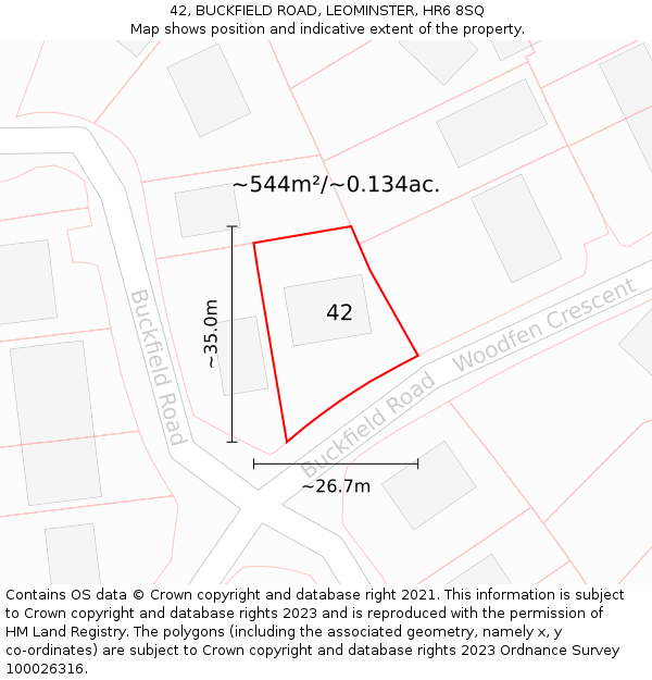 42, BUCKFIELD ROAD, LEOMINSTER, HR6 8SQ: Plot and title map