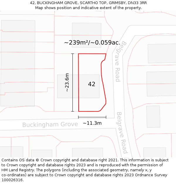 42, BUCKINGHAM GROVE, SCARTHO TOP, GRIMSBY, DN33 3RR: Plot and title map