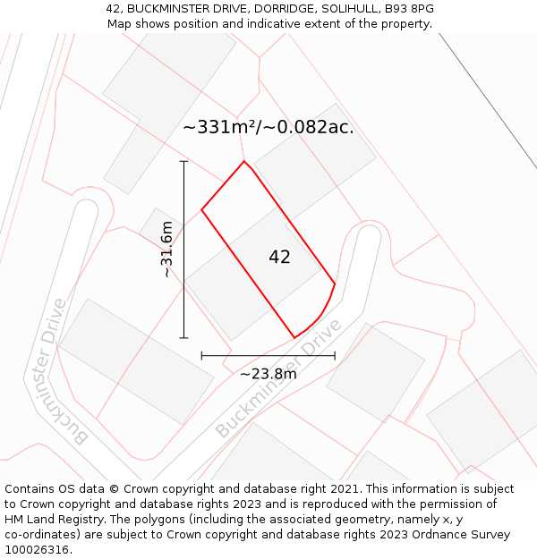 42, BUCKMINSTER DRIVE, DORRIDGE, SOLIHULL, B93 8PG: Plot and title map