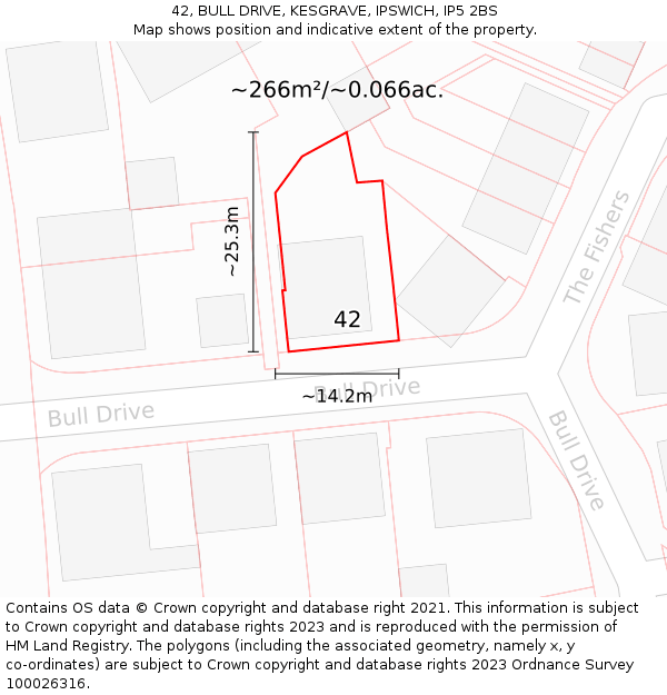 42, BULL DRIVE, KESGRAVE, IPSWICH, IP5 2BS: Plot and title map