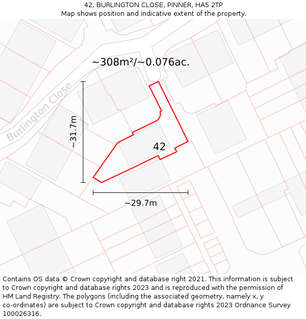42, BURLINGTON CLOSE, PINNER, HA5 2TP: Plot and title map