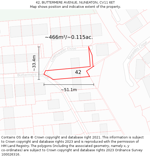 42, BUTTERMERE AVENUE, NUNEATON, CV11 6ET: Plot and title map