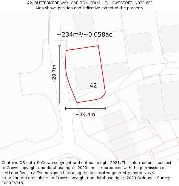 42, BUTTERMERE WAY, CARLTON COLVILLE, LOWESTOFT, NR33 8FF: Plot and title map