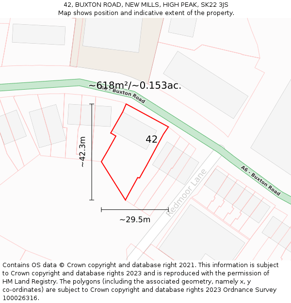 42, BUXTON ROAD, NEW MILLS, HIGH PEAK, SK22 3JS: Plot and title map