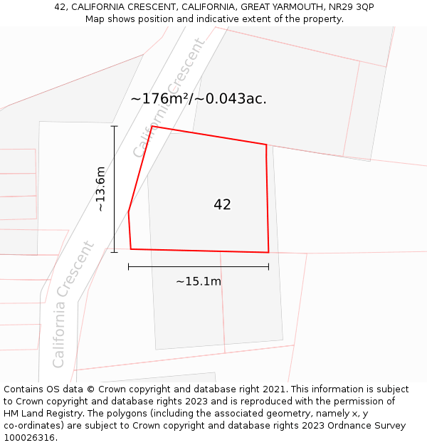 42, CALIFORNIA CRESCENT, CALIFORNIA, GREAT YARMOUTH, NR29 3QP: Plot and title map