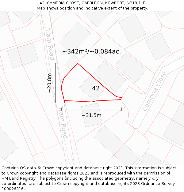 42, CAMBRIA CLOSE, CAERLEON, NEWPORT, NP18 1LF: Plot and title map