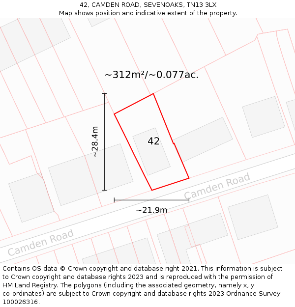 42, CAMDEN ROAD, SEVENOAKS, TN13 3LX: Plot and title map