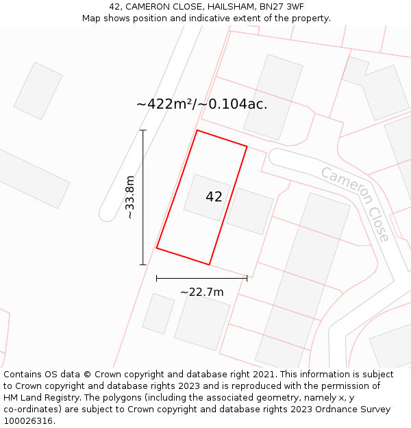42, CAMERON CLOSE, HAILSHAM, BN27 3WF: Plot and title map