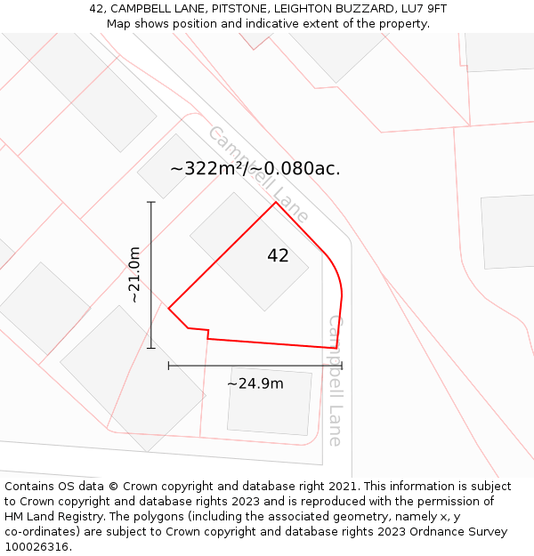 42, CAMPBELL LANE, PITSTONE, LEIGHTON BUZZARD, LU7 9FT: Plot and title map
