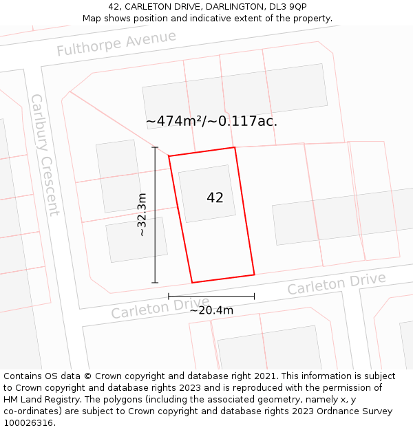 42, CARLETON DRIVE, DARLINGTON, DL3 9QP: Plot and title map