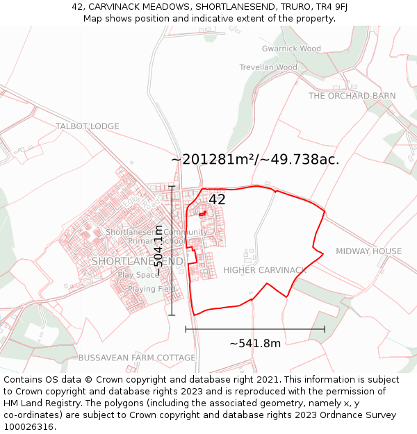42, CARVINACK MEADOWS, SHORTLANESEND, TRURO, TR4 9FJ: Plot and title map