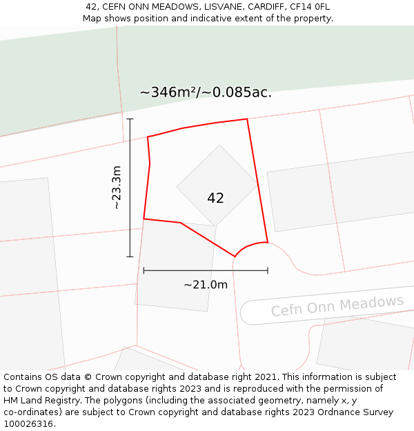 42, CEFN ONN MEADOWS, LISVANE, CARDIFF, CF14 0FL: Plot and title map