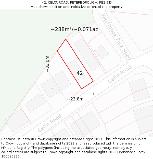 42, CELTA ROAD, PETERBOROUGH, PE2 9JD: Plot and title map
