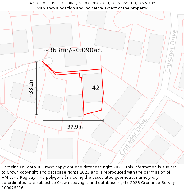 42, CHALLENGER DRIVE, SPROTBROUGH, DONCASTER, DN5 7RY: Plot and title map