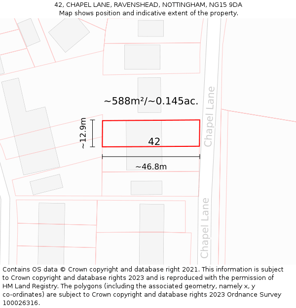 42, CHAPEL LANE, RAVENSHEAD, NOTTINGHAM, NG15 9DA: Plot and title map