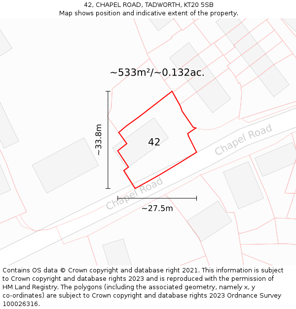 42, CHAPEL ROAD, TADWORTH, KT20 5SB: Plot and title map