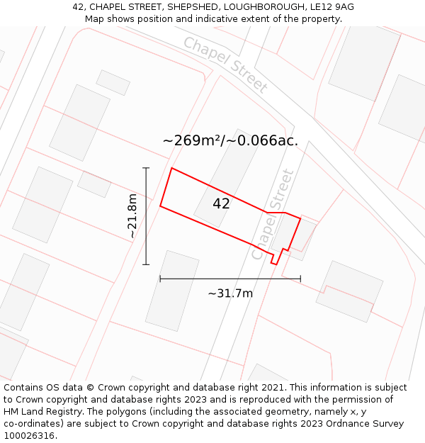 42, CHAPEL STREET, SHEPSHED, LOUGHBOROUGH, LE12 9AG: Plot and title map