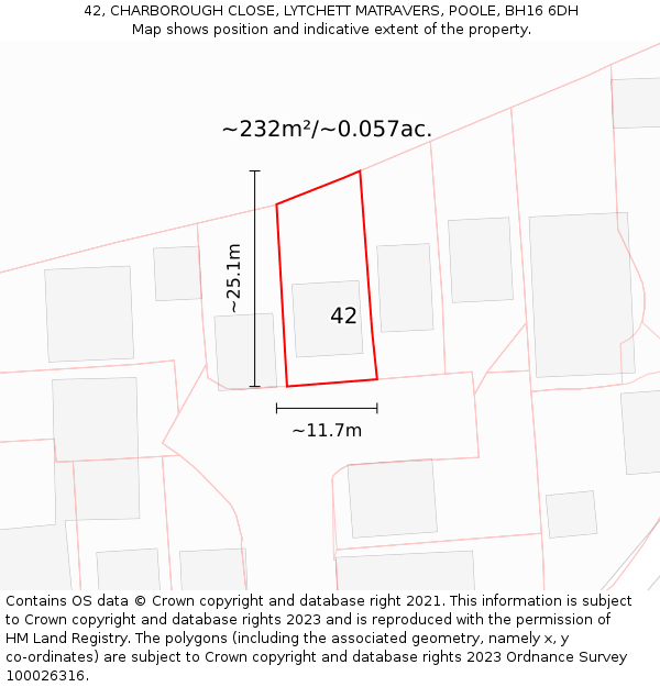 42, CHARBOROUGH CLOSE, LYTCHETT MATRAVERS, POOLE, BH16 6DH: Plot and title map