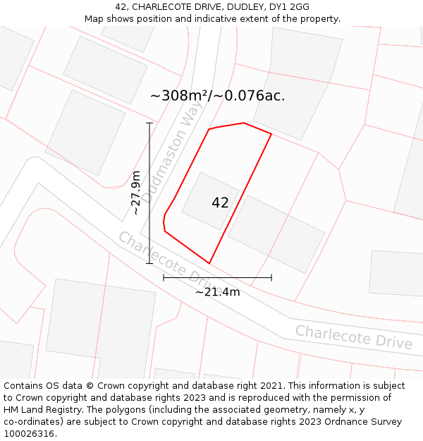 42, CHARLECOTE DRIVE, DUDLEY, DY1 2GG: Plot and title map