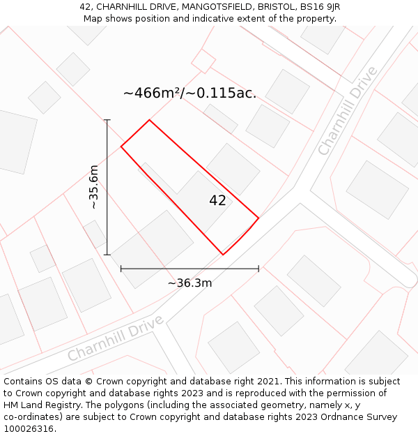 42, CHARNHILL DRIVE, MANGOTSFIELD, BRISTOL, BS16 9JR: Plot and title map