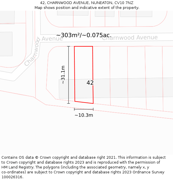 42, CHARNWOOD AVENUE, NUNEATON, CV10 7NZ: Plot and title map
