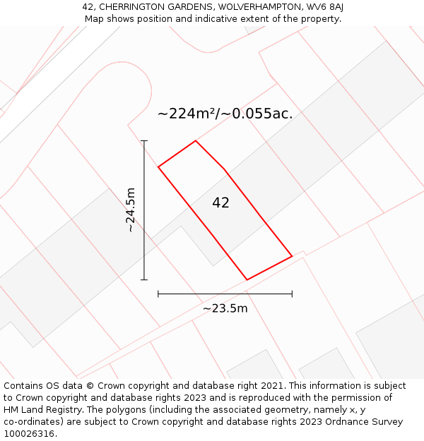 42, CHERRINGTON GARDENS, WOLVERHAMPTON, WV6 8AJ: Plot and title map