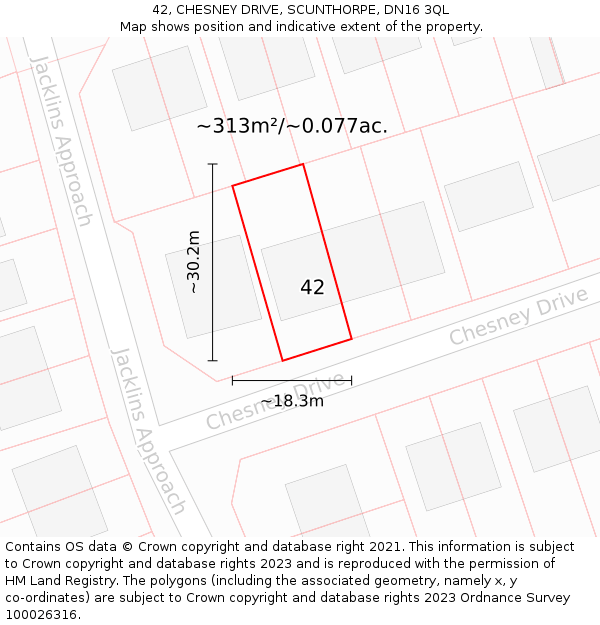 42, CHESNEY DRIVE, SCUNTHORPE, DN16 3QL: Plot and title map