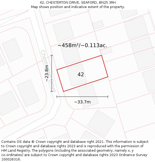 42, CHESTERTON DRIVE, SEAFORD, BN25 3RH: Plot and title map